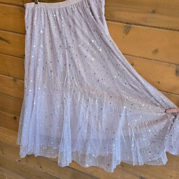Dusty Pink Silver Constellation Star Pull On Tulle Midi Skirt Flowy Kawaii Boho - Picture 6 of 6
